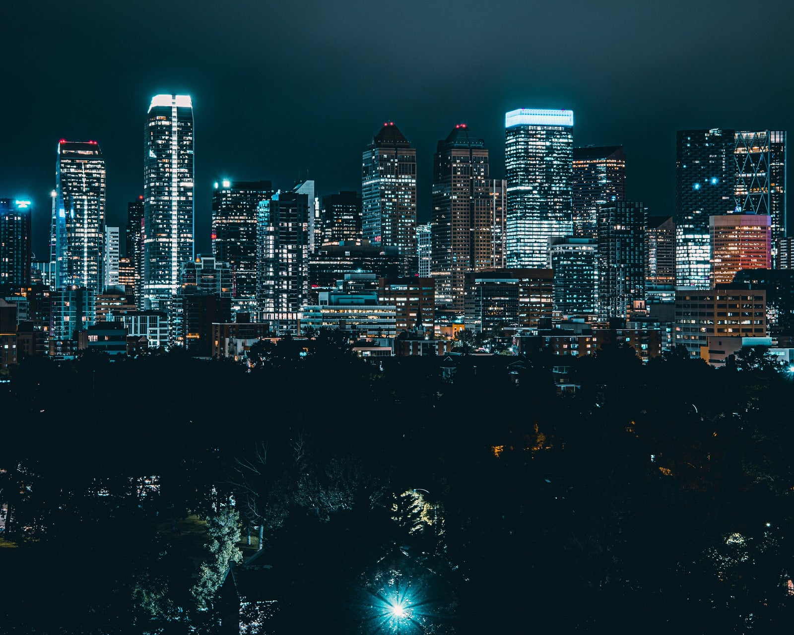 Nighttime city skyline with illuminated skyscrapers under a dark blue sky, viewed from a dark foreground with tree silhouettes.